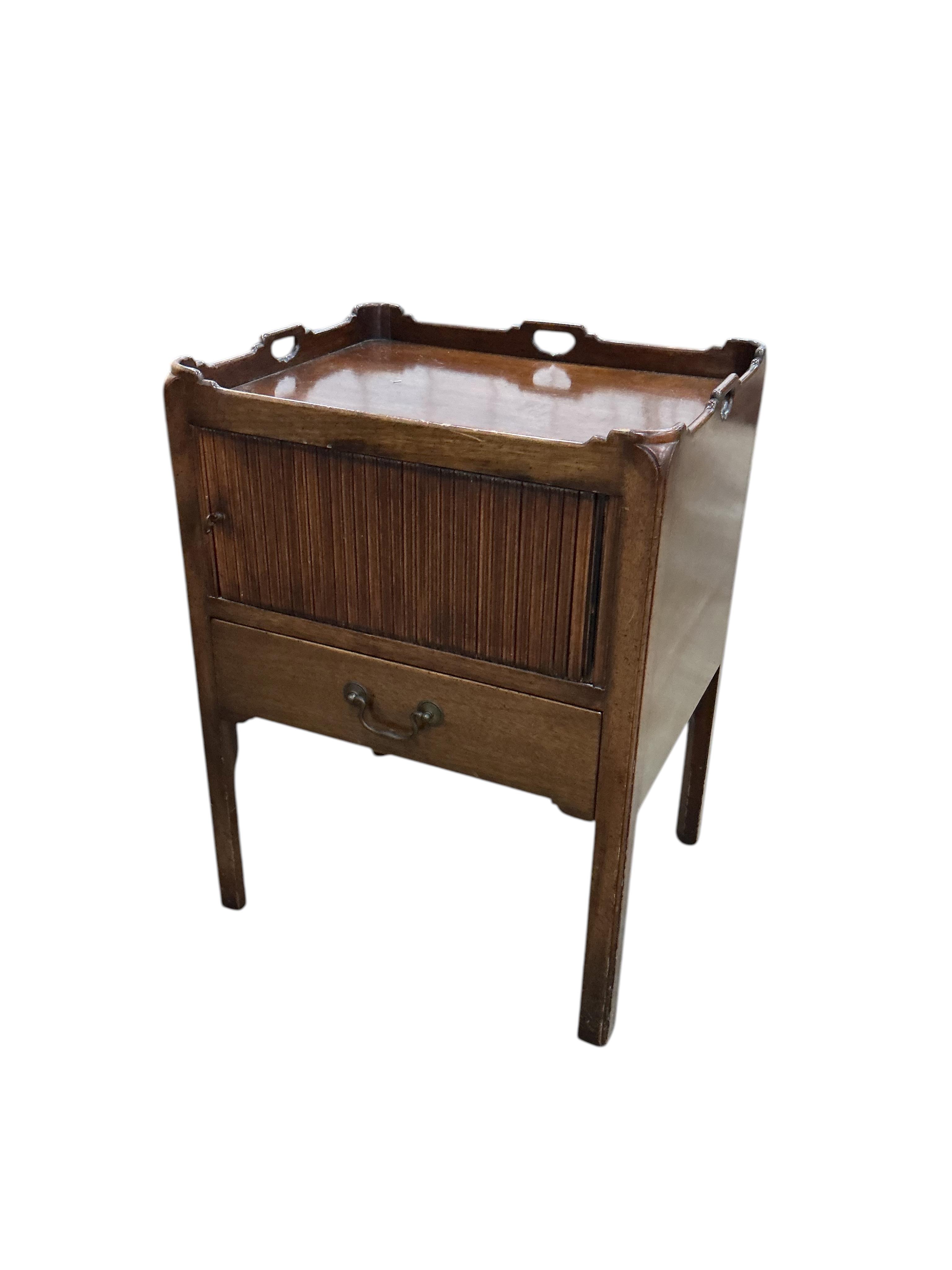 A pair of reproduction George III style tambour tray top bedside cupboards, width 56cm, depth 46cm, height 74cm